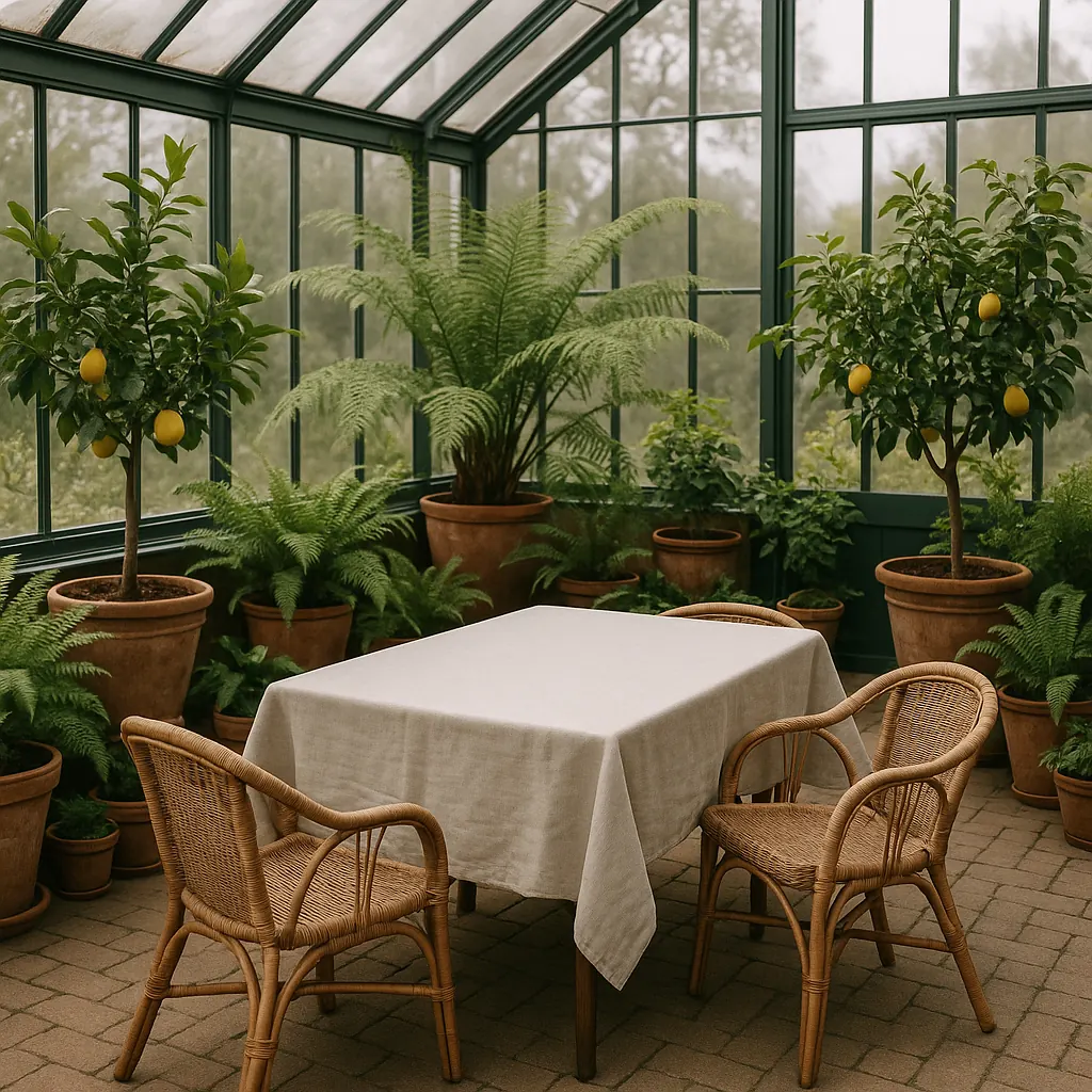 Botanical greenhouse interior with terracotta pots