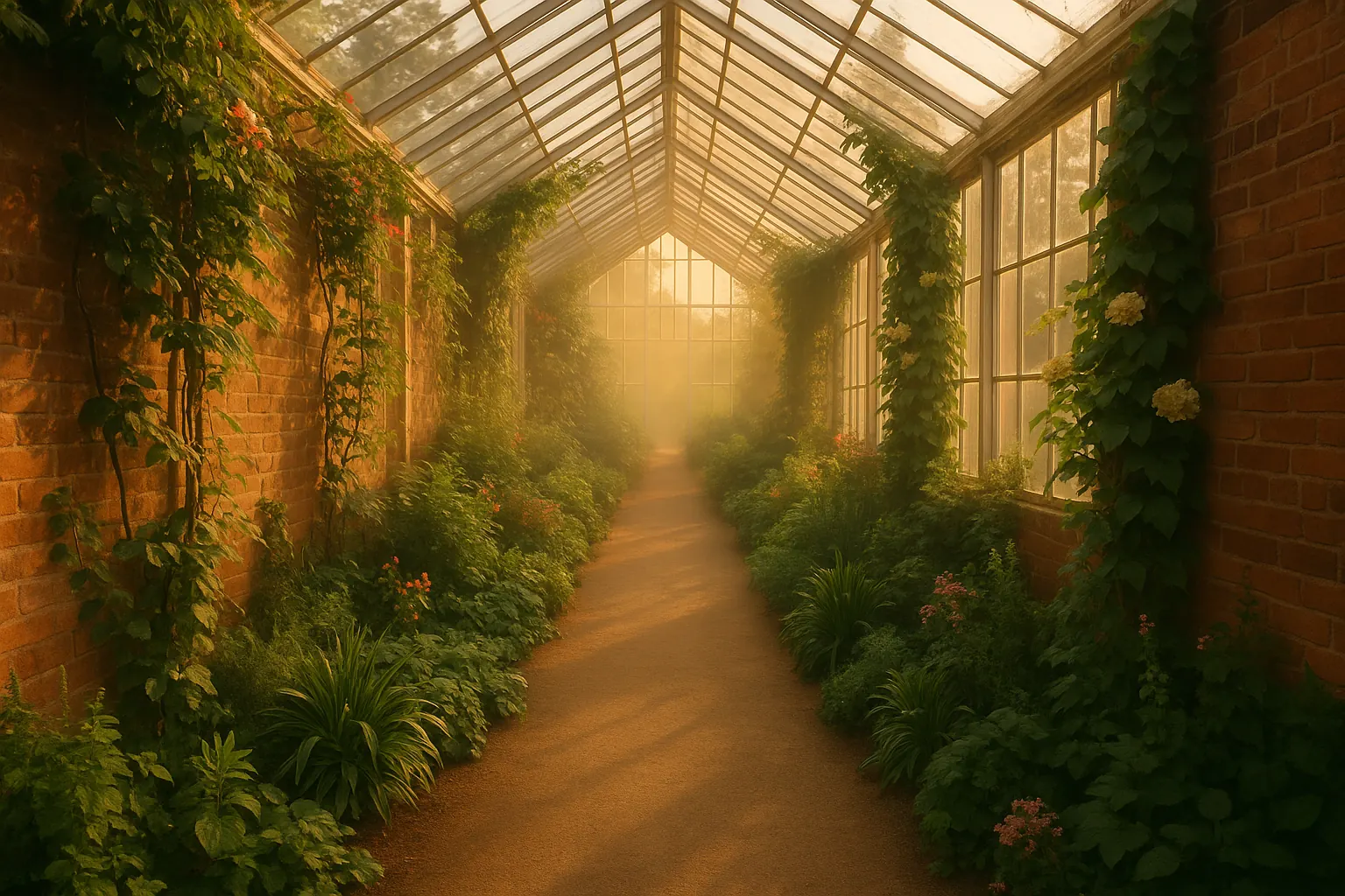 Garden path through a glasshouse at golden hour