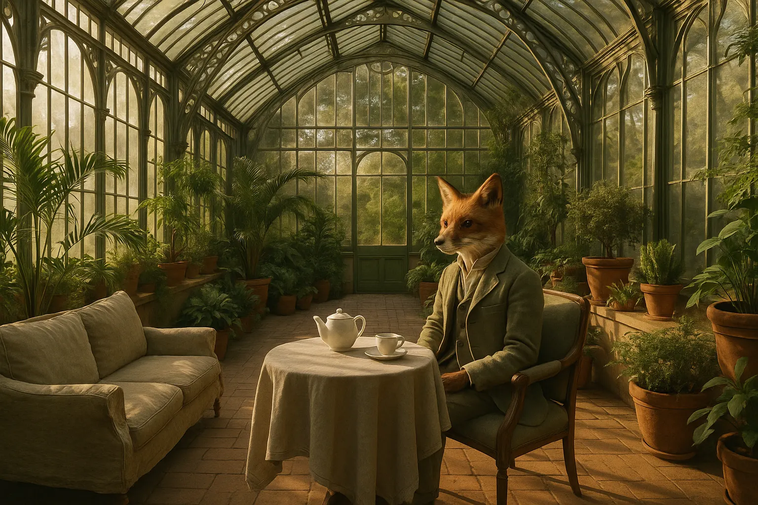 Victorian glasshouse with a fox in a linen jacket